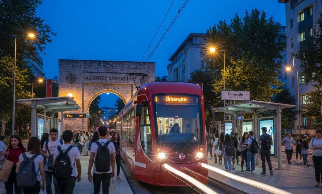 Gaziantep şehir içi ulaşım tramvay ve üniversite durağı.