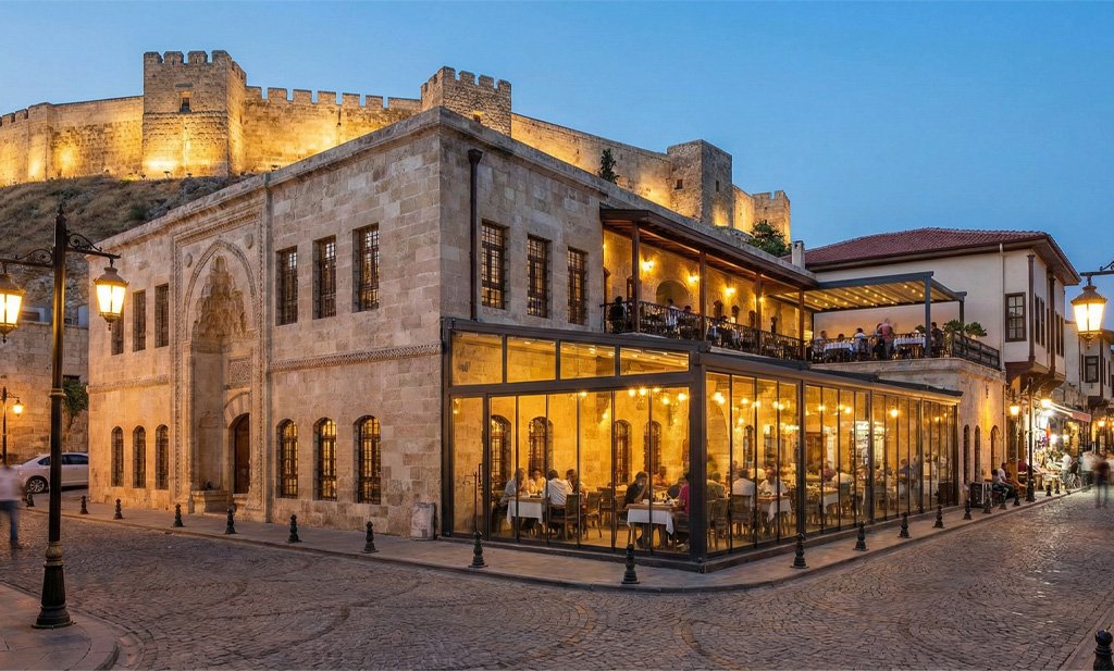 Gaziantep Kalesi manzaralı tarihi Hışvahan restoran ve otel kompleksi.